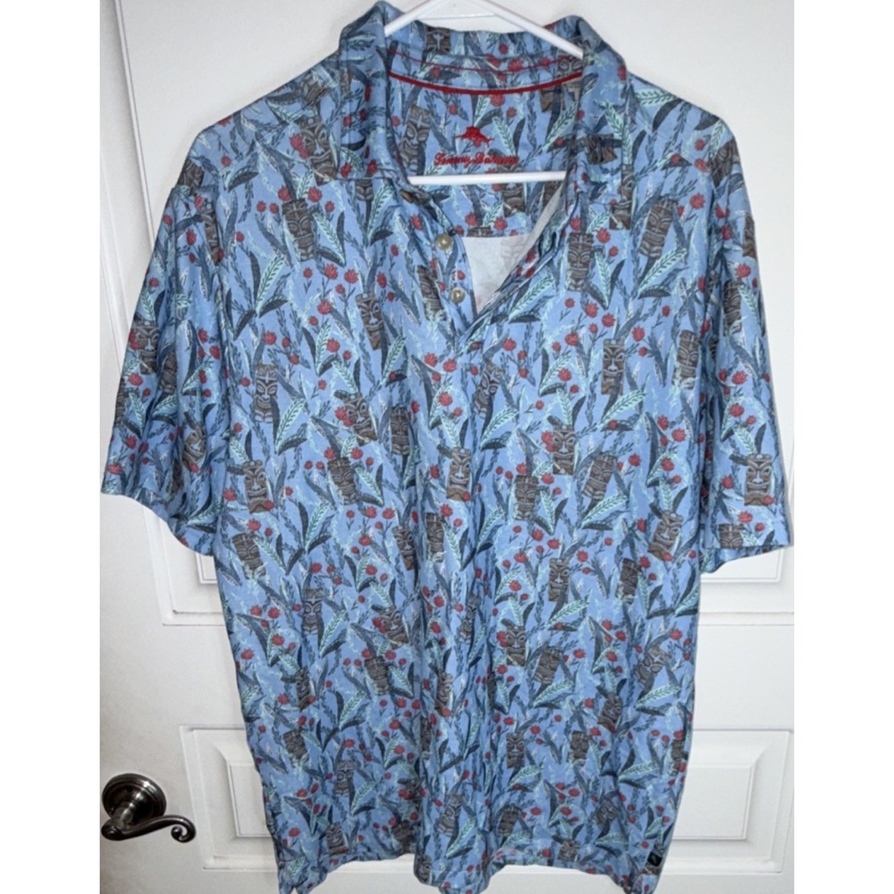 Tommy Bahama Floral Tropical Blue Red Button-Up Shirt L Short Sleeve Cotton Men